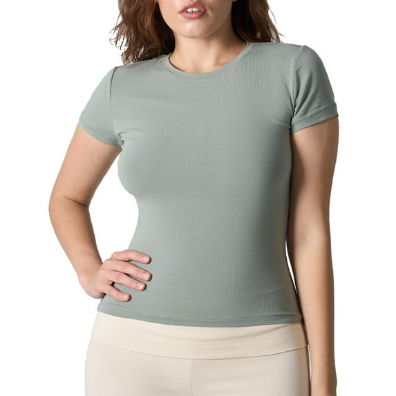 VEKDONE Summer Cotton Short Sleeve Blouses for Women Solid Color Crew Neck Crop Top Soft Stretch Slim Fit Workout Shirt Basic Going Out Tunic Tops Green S