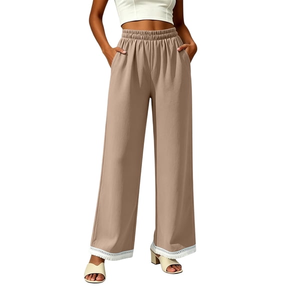 VEKDONE Summer Cotton Sweatpants for Women Elastic Waist Lace Trim Hem Wide Leg Pants Soft Comfy Straight Trousers with Pockets Khaki L
