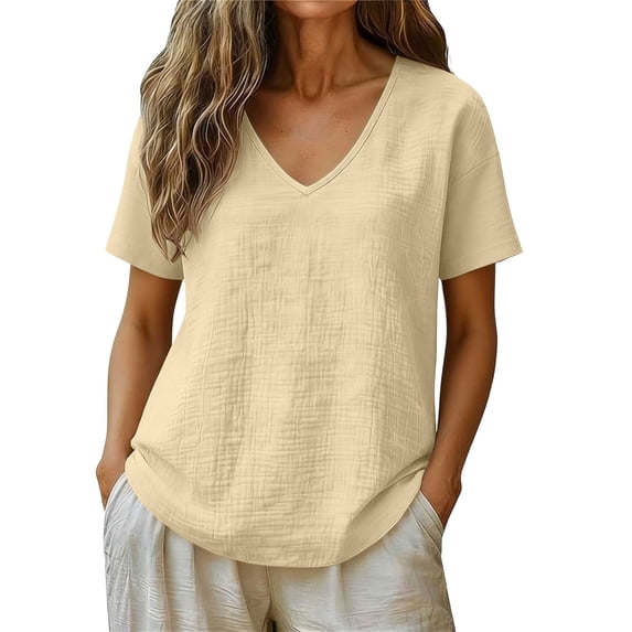 VEKDONE Summer Cotton T Shirts for Women Short Sleeve V-Neck Tunic Tops Solid Color Loose Fit Gauze Blouse Casual Lightweight Breathable Peasant Shirts Khaki L