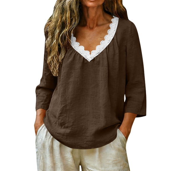 VEKDONE Summer Cotton Tops Women Lace Trim V Neck Tops 3/4 Length Sleeve Loose Fit T Shirt Summer Trendy Beach Vacation Tees Solid Color Outfits Coffee M