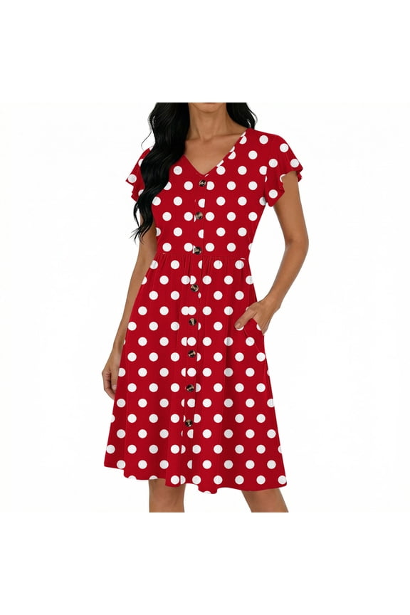 Summer Dress for Women Ruffle Sleeve Polka Dot Dress Casual Loose Fit Flowy Knee Length Dress Buttton Down Shirt Dress with Pockets Red XXL