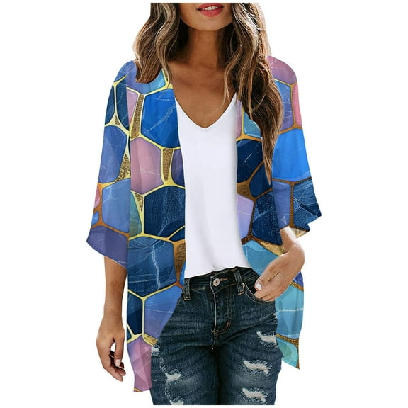 VEKDONE Summer Lightweight Cardigan for Women 3/4 Sleeve Chiffon Kimono Shrug Beach Cover Ups Boho Floral Swimsuit Coverup