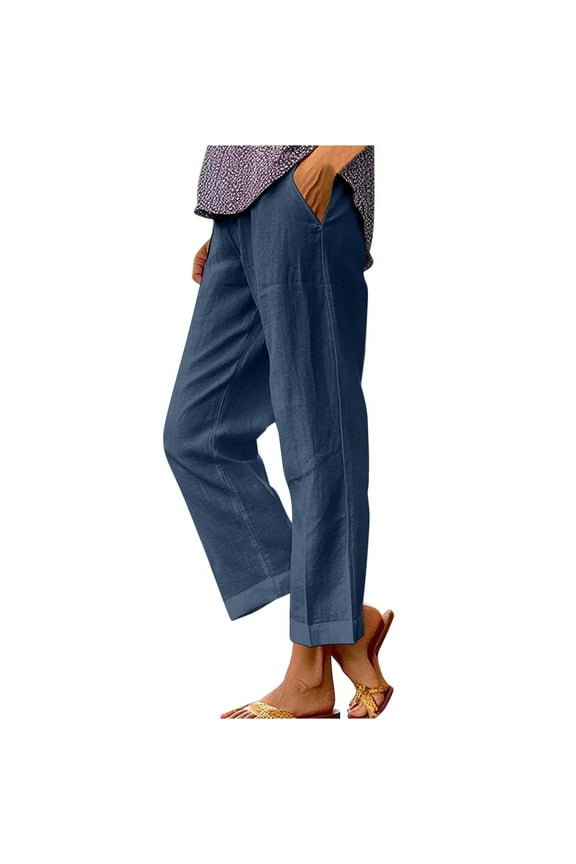 Summer Linen Straight Trousers for Women High Elastic Waist Ankle Pants Loose Fit Plus Size Lounge Pant with Pockets Solid Color Lightweight Long Pants ZA Dark Blue 4X-Large