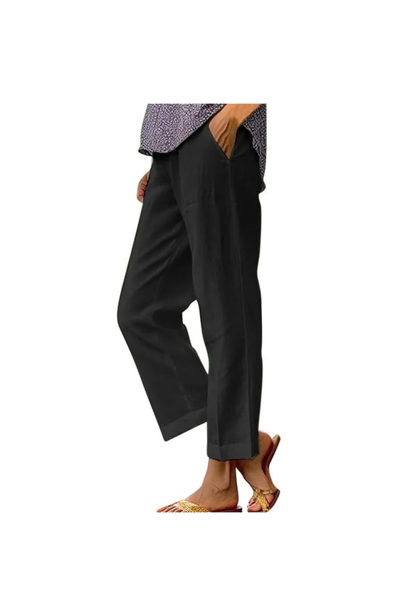 Summer Linen Straight Trousers for Women High Elastic Waist Ankle Pants Loose Fit Plus Size Lounge Pant with Pockets Solid Color Lightweight Long Pants