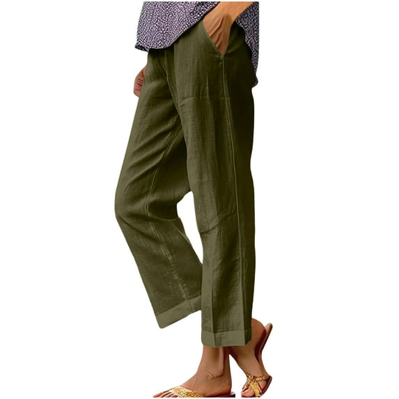 VEKDONE Summer Linen Straight Trousers for Women High Elastic Waist Ankle Pants Loose Fit Plus Size Lounge Pant with Pockets Solid Color Lightweight Long Pants ZB Army Green X-Large