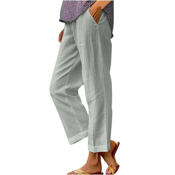 VEKDONE Summer Linen Straight Trousers for Women High Elastic Waist Ankle Pants Loose Fit Plus Size Lounge Pant with Pockets Solid Color Lightweight Long Pants ZA Gray XX-Large