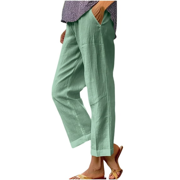 VEKDONE Summer Linen Straight Trousers for Women High Elastic Waist Ankle Pants Loose Fit Plus Size Lounge Pant with Pockets Solid Color Lightweight Long Pants ZB Mint Green Large