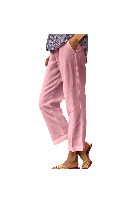 Summer Linen Straight Trousers for Women High Elastic Waist Ankle Pants Loose Fit Plus Size Lounge Pant with Pockets Solid Color Lightweight Long Pants ZB Pink XX-Large