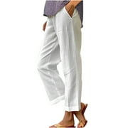 VEKDONE Summer Linen Straight Trousers for Women High Elastic Waist Ankle Pants Loose Fit Plus Size Lounge Pant with Pockets Solid Color Lightweight Long Pants