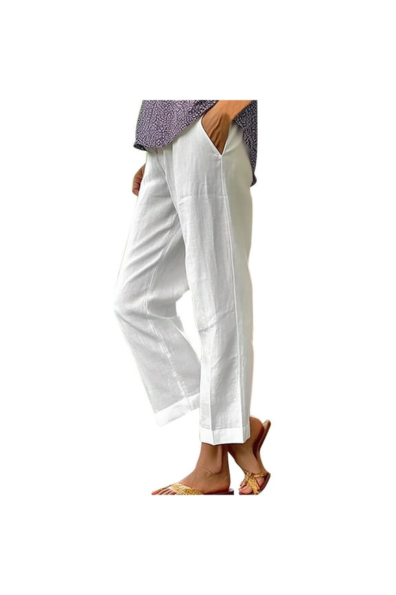 Summer Linen Straight Trousers for Women High Elastic Waist Ankle Pants Loose Fit Plus Size Lounge Pant with Pockets Solid Color Lightweight Long Pants