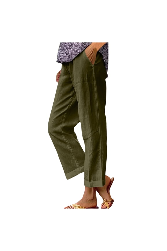 Summer Linen Straight Trousers for Women High Elastic Waist Ankle Pants Loose Fit Plus Size Lounge Pant with Pockets Solid Color Lightweight Long Pants ZB Army Green Large