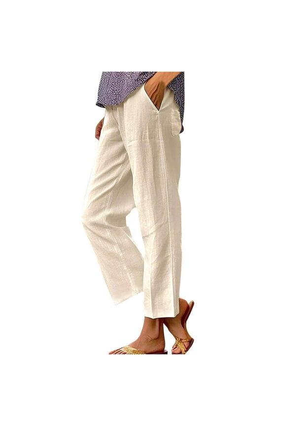 Summer Linen Straight Trousers for Women High Elastic Waist Ankle Pants Loose Fit Plus Size Lounge Pant with Pockets Solid Color Lightweight Long Pants ZA Beige XX-Large