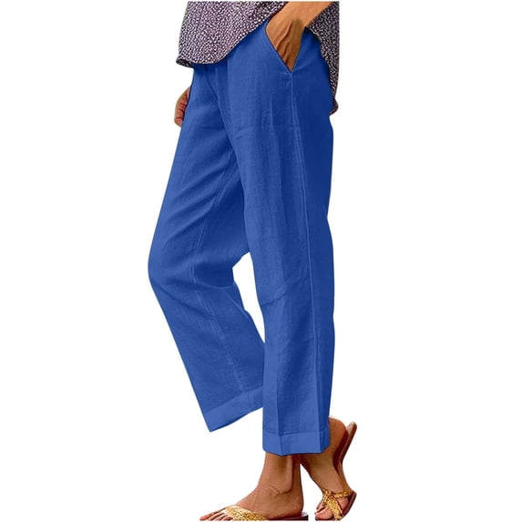 VEKDONE Summer Linen Straight Trousers for Women High Elastic Waist Ankle Pants Loose Fit Plus Size Lounge Pant with Pockets Solid Color Lightweight Long Pants ZA Blue Small