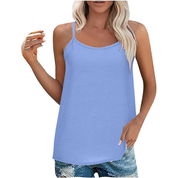 VEKDONE Summer Solid Color Camisole for Women Casual Loose Fit Crewneck Tunics Tops Sleeveless Spaghetti Straps Tanks Light Blue XX-Large