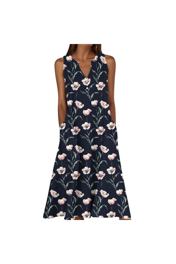 Summer Tank Dress for Women Floral Print Button V Neck Midi Dress Sleeveless Plus Size Sundress Boho Casual Beach Vacation Knee Length Dress with Pockets B Multicolor S