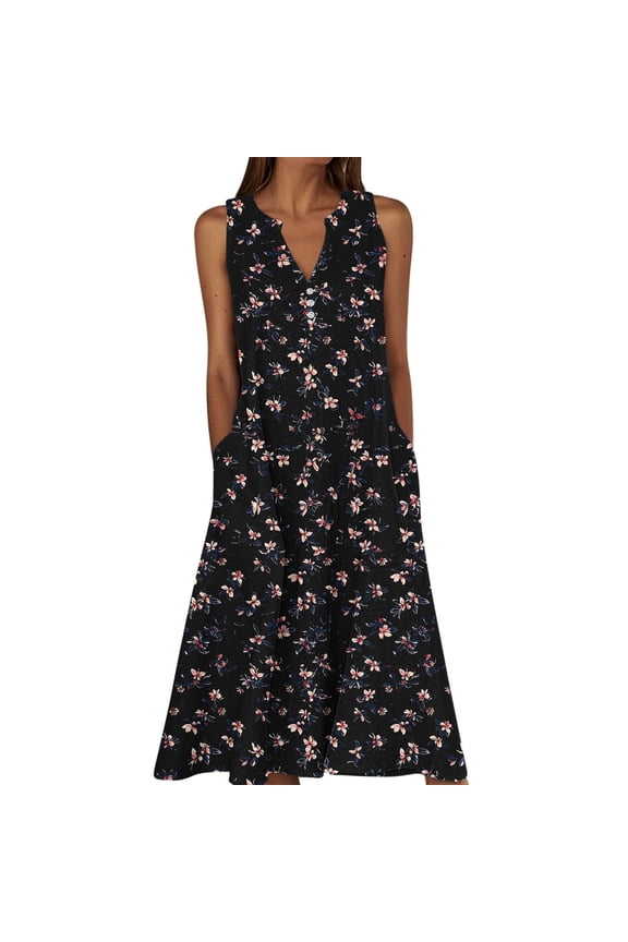 Summer Tank Dress for Women Floral Print Button V Neck Midi Dress Sleeveless Plus Size Sundress Boho Casual Beach Vacation Knee Length Dress with Pockets A Multicolor S