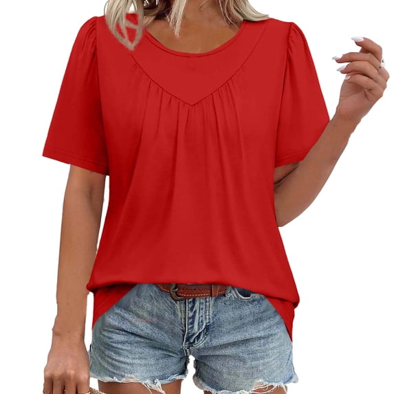 VEKDONE Summer Tops for Womens Puff Short Sleeve Crewneck Pleated T Shirts Solid Color Loose Fit Lightweight Tunic Tops Casual Stretch Basic Blouse Red XL