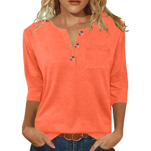 VEKDONE Summer Tops for Womens 3/4 Length Sleeve Button Down V Neck T Shirts Dressy Solid Color Business Work Tunic Blouses with Pockets Orange L
