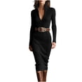 thumbnail image 1 of VEKDONE Sweater Dress for Women Slim Fit Half Turtleneck V-Neck Long Sleeve Knitted Midi Dress Fall Casual Jumper Dresses (Without Belt) Black M, 1 of 6