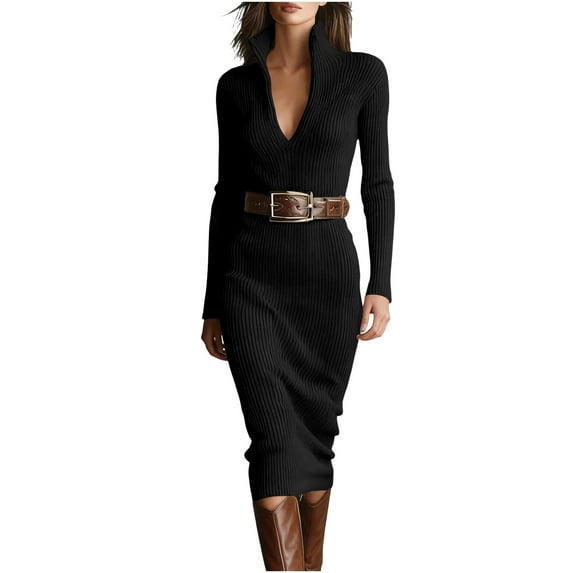 VEKDONE Sweater Dress for Women Slim Fit Half Turtleneck V-Neck Long Sleeve Knitted Midi Dress Fall Casual Jumper Dresses (Without Belt) Black M