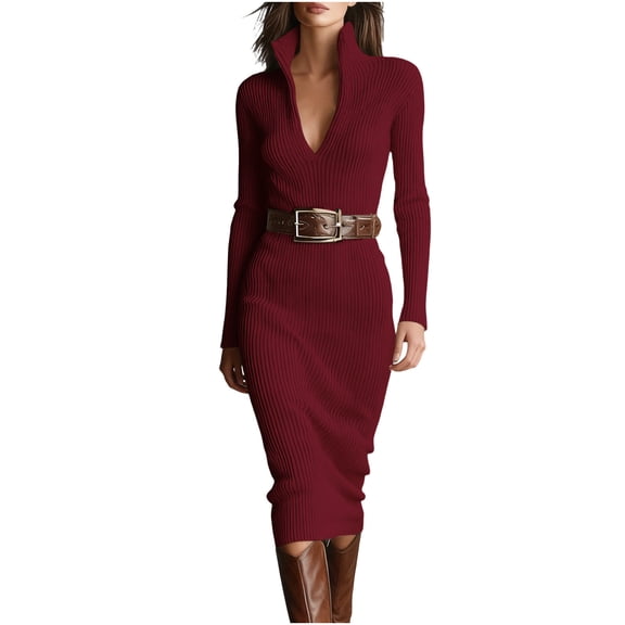 VEKDONE Sweater Dress for Women Slim Fit Half Turtleneck V-Neck Long Sleeve Knitted Midi Dress Fall Casual Jumper Dresses (Without Belt) Wine M