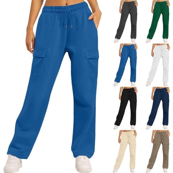 VEKDONE Sweatpants for Women Elastic High Waisted Drawstring Long Pants Solid Color Soft Wide Leg Pants with Pockets Fall Thin Fleece Loose Straight Trousers