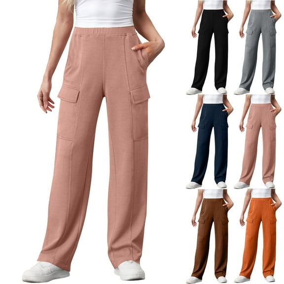 VEKDONE Sweatpants for Women High Waist Stretch Straight Trousers Solid Color Multi Pockets Wide Leg Pants Casual Loose Fit Cargo Sports Pants