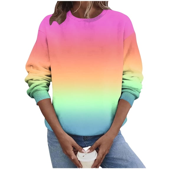 VEKDONE Sweatshirt for Women Fashion Gradient Long Sleeve Pullover Top Casual Loose Fit Crewneck Pullover Sweatshirts Fall Winter Thin Fleece Going Out Tops Hot Pink M