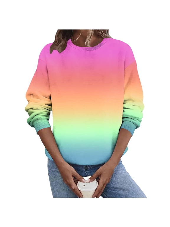 Sweatshirt for Women Fashion Gradient Long Sleeve Pullover Top Casual Loose Fit Crewneck Pullover Sweatshirts Fall Winter Thin Fleece Going Out Tops Hot Pink M