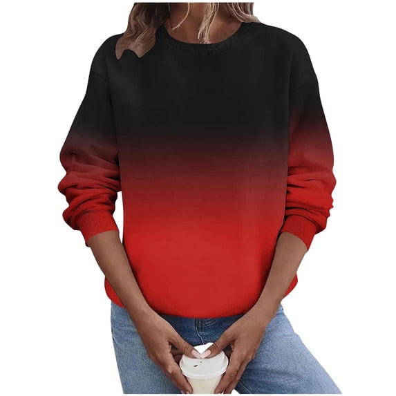 VEKDONE Sweatshirt for Women Fashion Gradient Long Sleeve Pullover Top Casual Loose Fit Crewneck Pullover Sweatshirts Fall Winter Thin Fleece Going Out Tops Red S