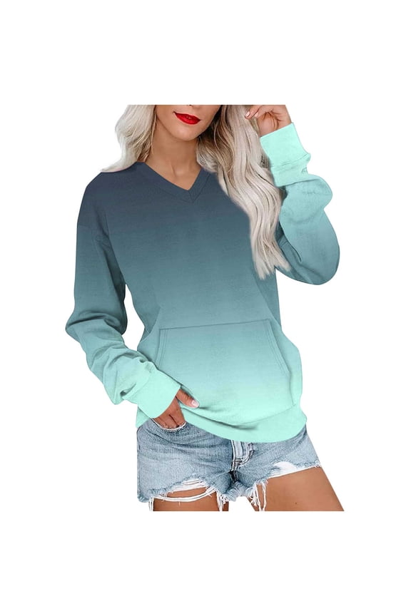 Sweatshirt for Women Long Sleeve V Neck Tunic Tops Fall Winter Lightweight Loose Fit Blouse Trendy Gradient Color Pullover Tops