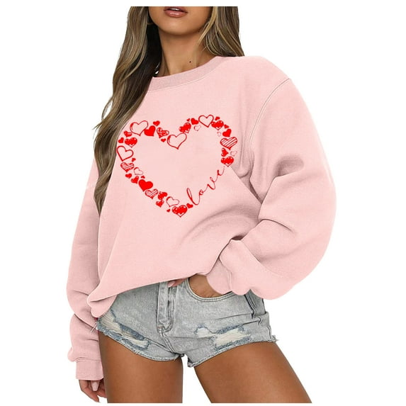 VEKDONE Sweatshirts for Women 2024 Clearance Red Love Heart Graphic Valentines Day Pullover Oversized Loose Fit Long Sleeve Blouse Trendy Party Date Tops Pink M
