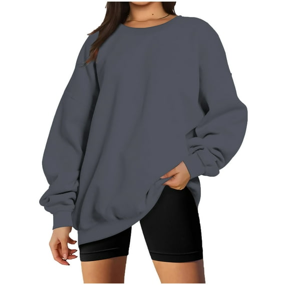 VEKDONE Sweatshirts for Women Clearance Sale Oversized Long Sleeve Sweatshirt Crewneck Pullover Teen Girls Loose Fit Blouse Solid Color Y2K Tops
