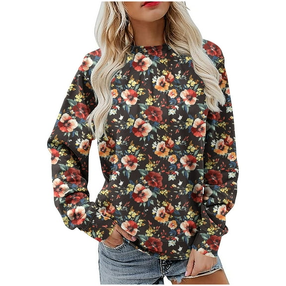 VEKDONE Sweatshirts for Women Floral Graphic Long Sleeve Blouse Fall Loose Fit Crewneck Pullover Top Plus Size Soft Comfy Sweatshirt No Hood
