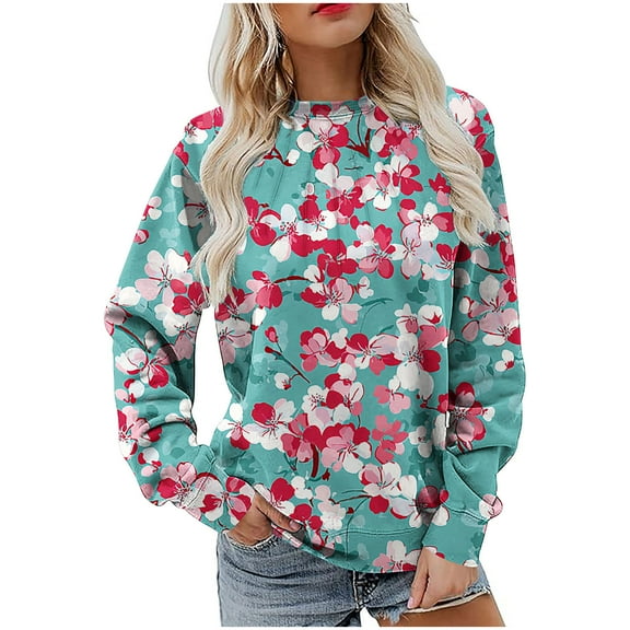 VEKDONE Sweatshirts for Women Floral Graphic Long Sleeve Blouse Fall Loose Fit Crewneck Pullover Top Plus Size Soft Comfy Sweatshirt No Hood