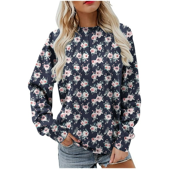 VEKDONE Sweatshirts for Women Floral Graphic Long Sleeve Blouse Fall Loose Fit Crewneck Pullover Top Plus Size Soft Comfy Sweatshirt No Hood