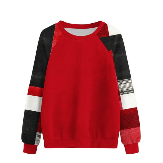 VEKDONE Sweatshirts for Women Long Sleeve Color Block Blouse Trendy Raglan Sleeve Crewneck Pullover Top Fall Loose Fit Lightweight Plaid Sweatshirt