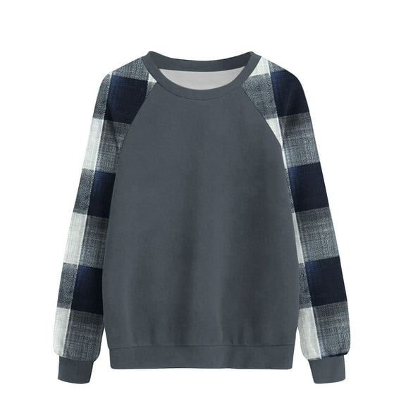 VEKDONE Sweatshirts for Women Long Sleeve Color Block Blouse Trendy Raglan Sleeve Crewneck Pullover Top Fall Loose Fit Lightweight Plaid Sweatshirt