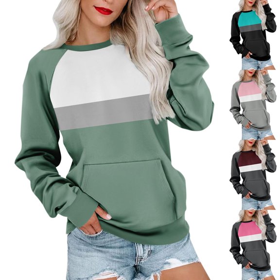 VEKDONE Sweatshirts for Women Raglan Long Sleeve Pullover Tops Fashion Color Block Loose Fit Sweatshirt with Pockets Fall Lounge Blouse