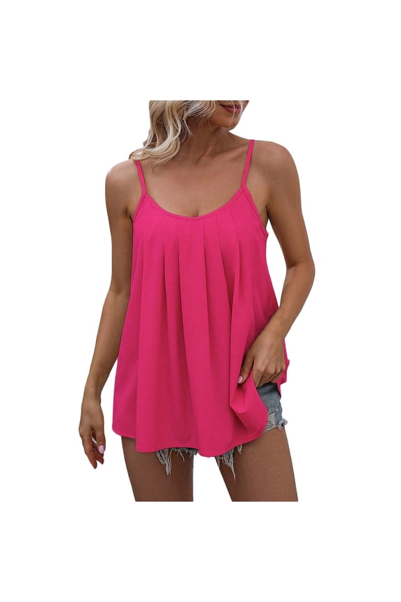 Tank Top for Women Pleated Spaghetti Strap Camisole Loose Fit Casual Sleeveless Flowy Basic Tops Summer Solid Color Outdoor Beach Tanks Hot Pink Medium