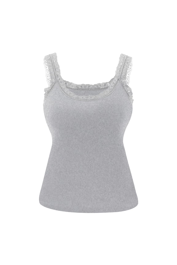 Tank Tops for Women Lace Trim Sleeveless Rib Knit Camisole with Built in Bra Summer Vacation Basic Tees Gray XL