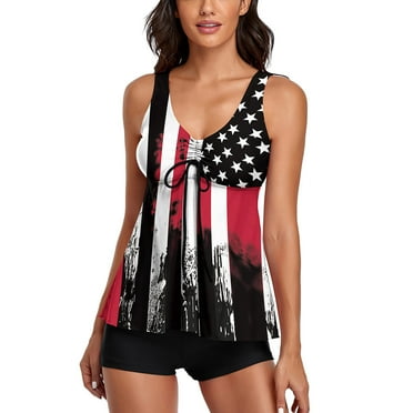 VEKDONE Tankini Swimsuit for Women 2024 Clearance Independence Day America Flag Graphic Swimsuit 2 Piece Trendy Conservative Tummy Control Bathing Suit Red XXL