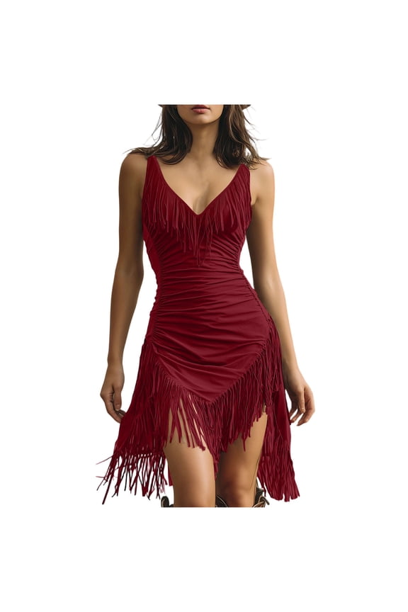 Tassel Dress for Women Western Suede V-Neck Slim Fit Tunic Dress Sleeveless Fringe Mini Dress Casual Vacation Party Dresses Red L
