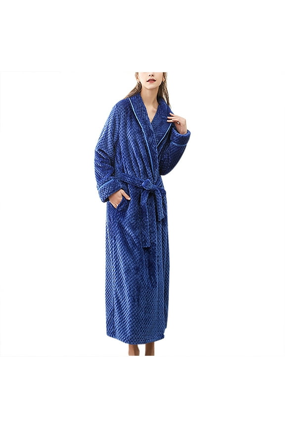 Thickened Plush Robe for Women 2025 Sale Trendy Long Sleeve Solid Color Bathrobe Loose Fit Soft Warm Cardigan Coat with Pockets Blue XXXL