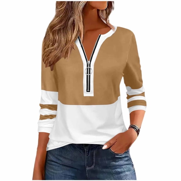 VEKDONE Trendy Color Block Tunic Tops for Women Casual Long Sleeve 1/4 Zip Up V Neck Shirts Fall Loose Fit Lightweight Pullover Blouses Brown XXXL