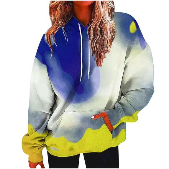 VEKDONE Trendy Hoodie Sweatshirts for Women 2025 Clearance Sale Fall Long Sleeve Tie-Dye Pullover with Pockets Teen Girl Loose Fit Outdoor Y2K Blouse Dark Blue S