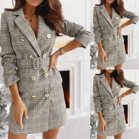 VEKDONE Tweed Blazer Dresses Women Work Office Professional Slim Lapel Button Blazer Dress with Waistband Plaid Trench Coat 2025 on S-2XL