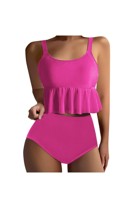 Two Piece Bikini Sets for Women Solid Color High Waisted Bottoms Swimsuit Ruffled Hem Straps Bathing Suit Casual Vacation Beach Swimwear Hot Pink L
