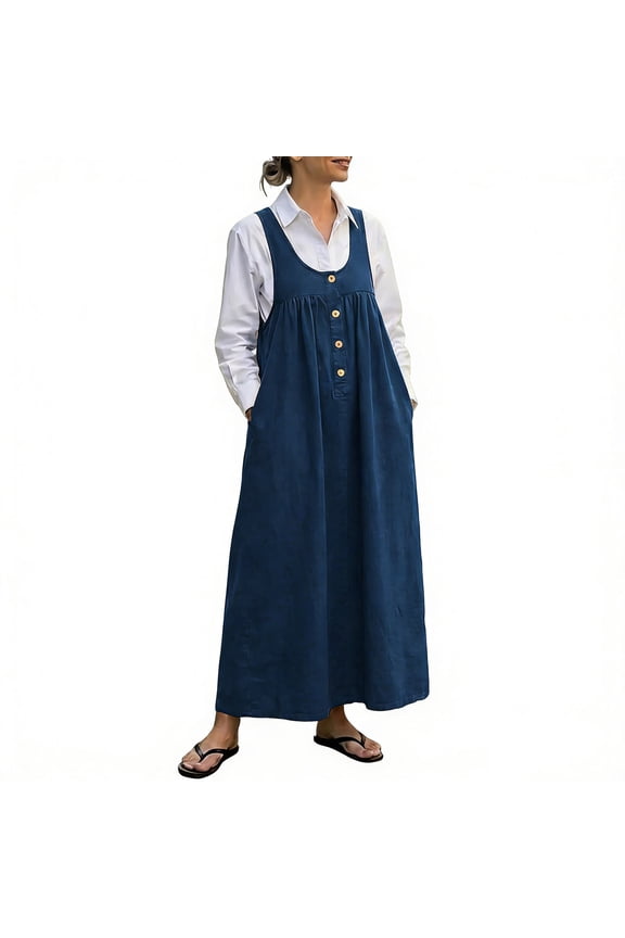 U-Neck Overall Dress for Women Sleeveless Solid Color Casual Loose Cotton Vest Jumper Dress with Pockets Blue XXL