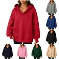 thumbnail image 1 of VEKDONE V-Neck Hoodies for Women Oversized Long Sleeve Hooded Sweatshirt with Thumb Hole Solid Loose Fit Pullover Sweatshirts with Kangaroo Pockets, 1 of 9
